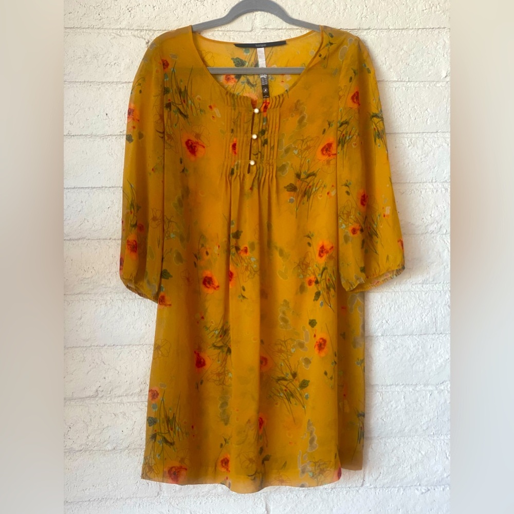 Ochre Yellow Sheer Floral Boho Babydoll Dress Kenzie Size S Perfect for Summer